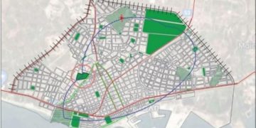 Χάρτης πολεοδομικού σχεδίου για την Αλεξανδρούπολη, με αναλυτική απεικόνιση των κατοικιών, εμπορικών και δημόσιων χώρων, καθώς και δρόμων και υποδομών.